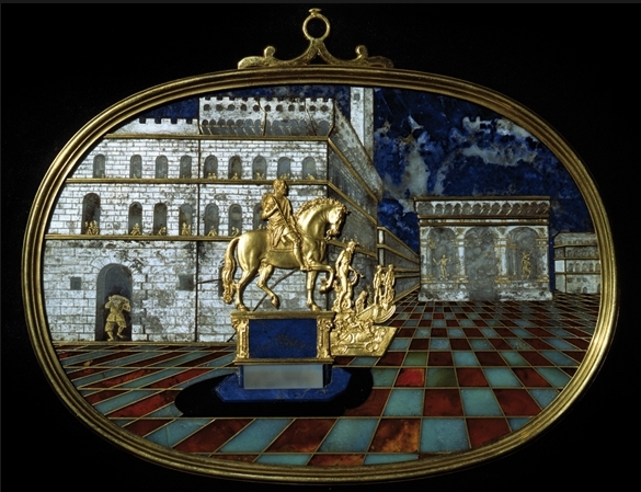 Bernardino Gaffurri e Jaques Bylivelt, Ovato con la prospettiva della piazza granducale, mosaico in pietre dure